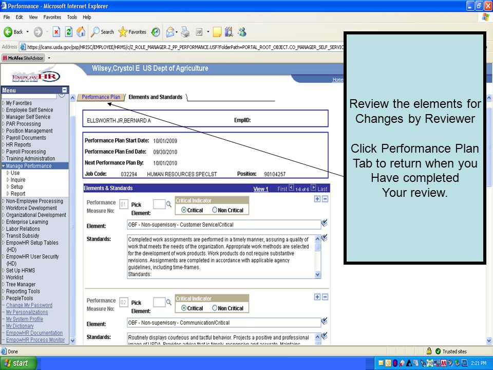 Review the elements for Changes by Reviewer Click Performance Plan Tab to return when you Have completed Your review.