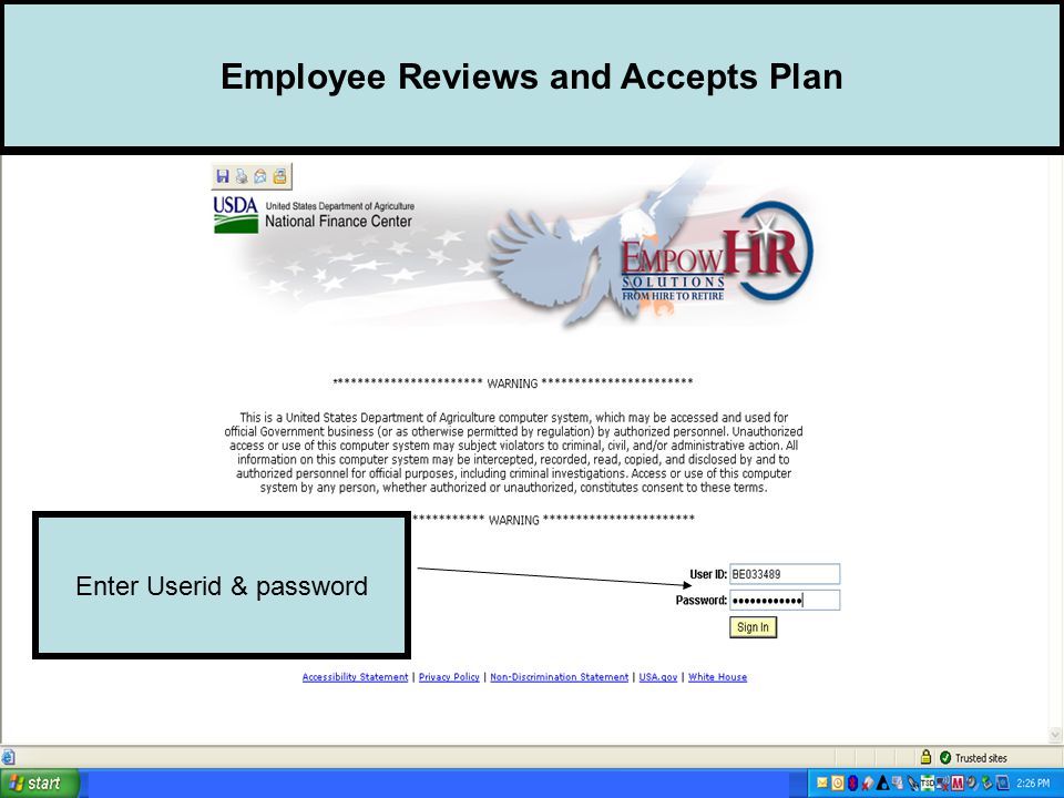 Employee Reviews and Accepts Plan Enter Userid & password