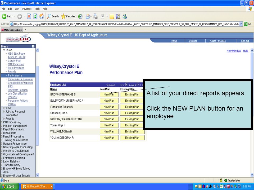 A list of your direct reports appears. Click the NEW PLAN button for an employee