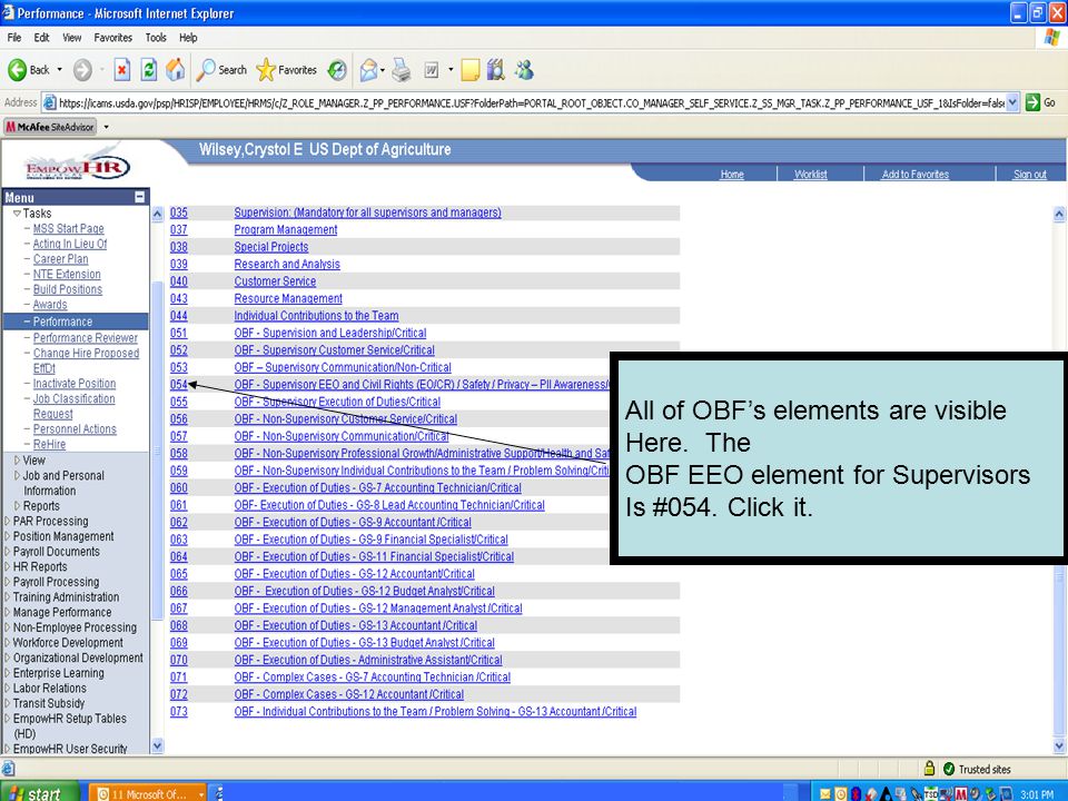 All of OBF’s elements are visible Here. The OBF EEO element for Supervisors Is #054. Click it.