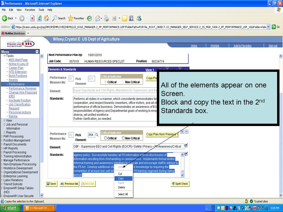 All of the elements appear on one Screen. Block and copy the text in the 2 nd Standards box.