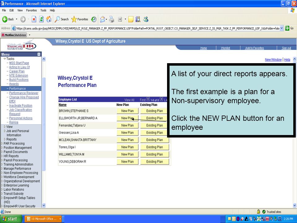 A list of your direct reports appears. The first example is a plan for a Non-supervisory employee.