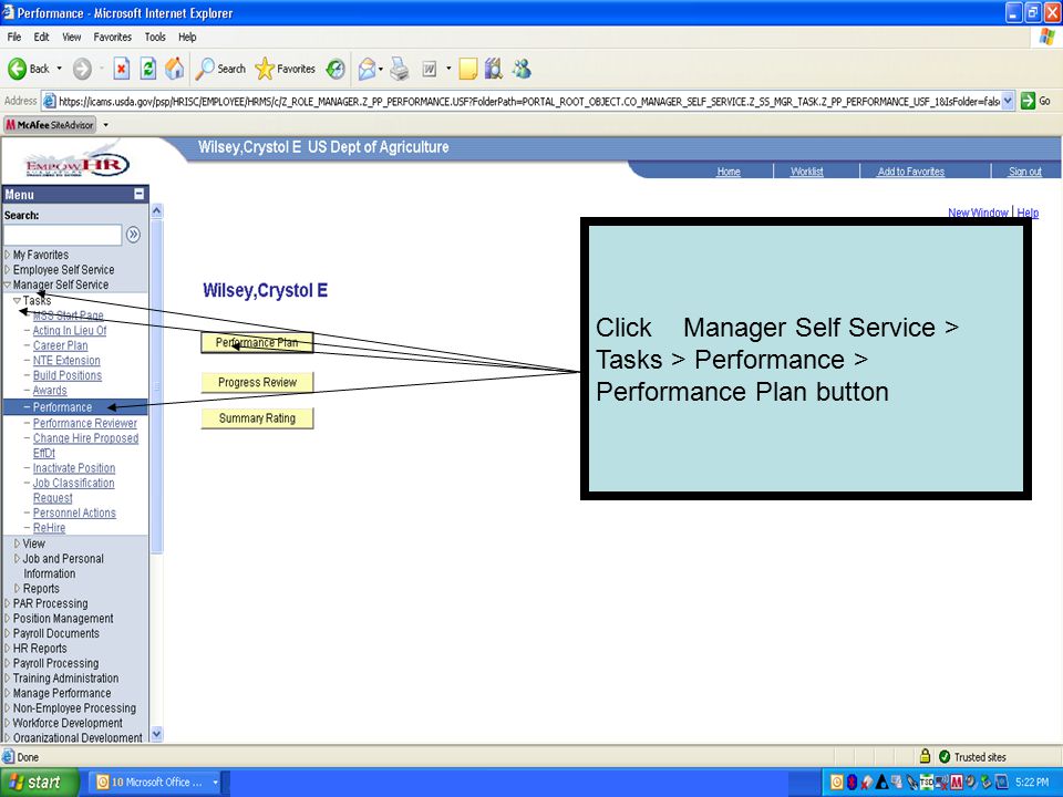 Click Manager Self Service > Tasks > Performance > Performance Plan button