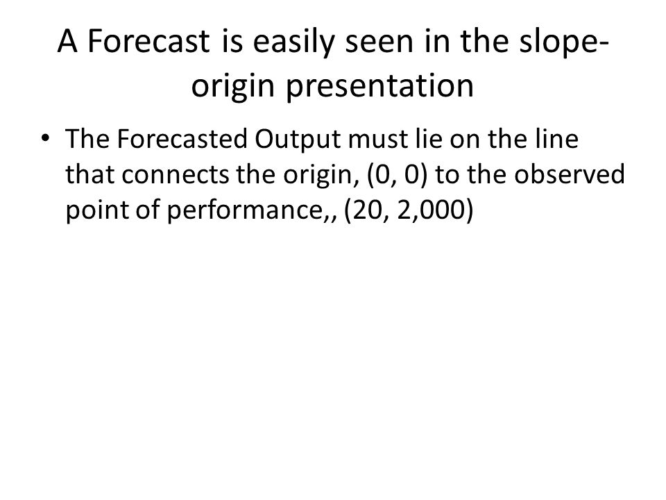 A Forecast is easily seen in the slope- origin presentation The Forecasted Output must lie on the line that connects the origin, (0, 0) to the observed point of performance,, (20, 2,000)