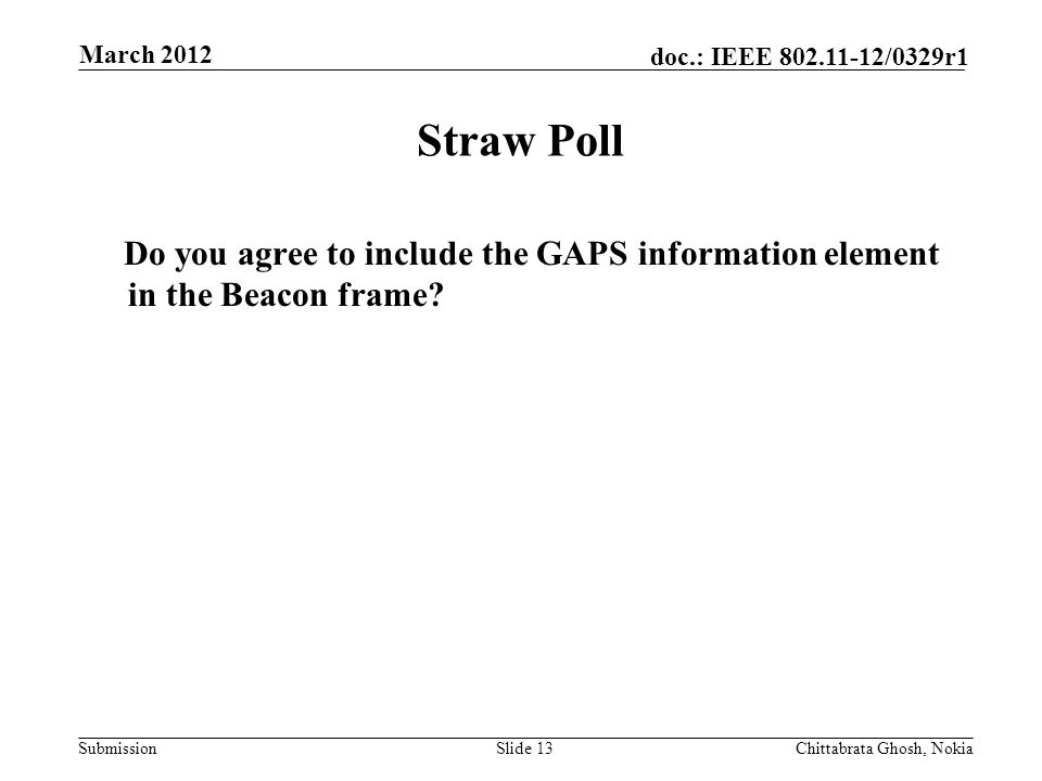 Submission doc.: IEEE /0329r1 Straw Poll Do you agree to include the GAPS information element in the Beacon frame.