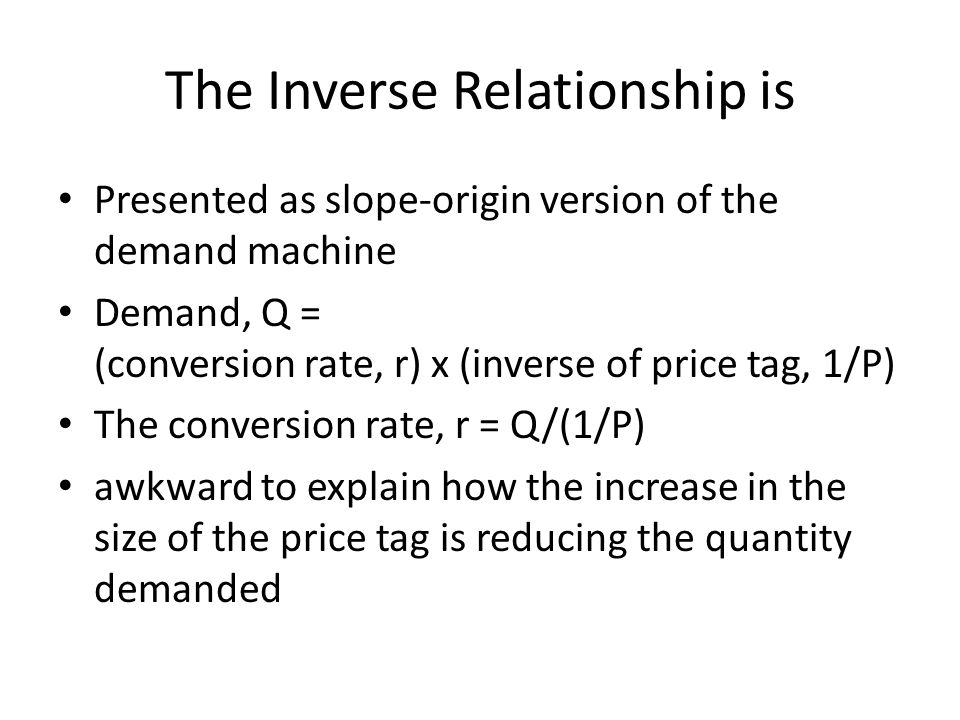 The Inverse Relationship is Presented as slope-origin version of the demand machine Demand, Q = (conversion rate, r) x (inverse of price tag, 1/P) The conversion rate, r = Q/(1/P) awkward to explain how the increase in the size of the price tag is reducing the quantity demanded