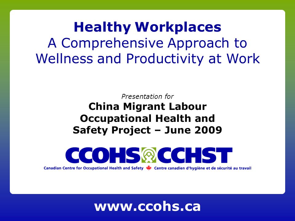 Presentation for China Migrant Labour Occupational Health and Safety Project – June 2009 Healthy Workplaces A Comprehensive Approach to Wellness and Productivity at Work
