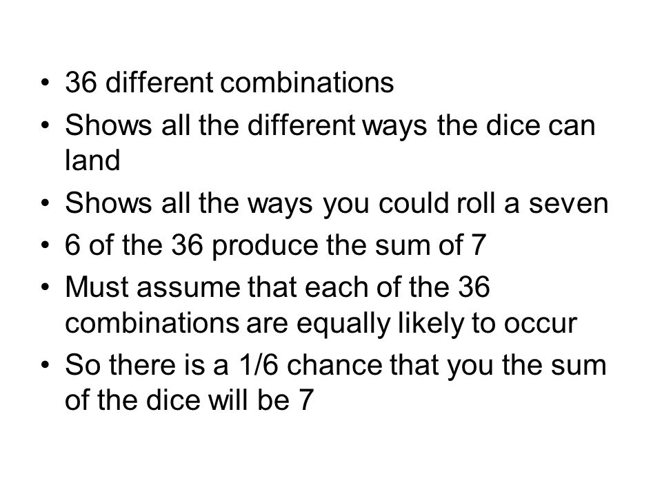 36 different combinations Shows all the different ways the dice can land Shows all the ways you could roll a seven 6 of the 36 produce the sum of 7 Must assume that each of the 36 combinations are equally likely to occur So there is a 1/6 chance that you the sum of the dice will be 7