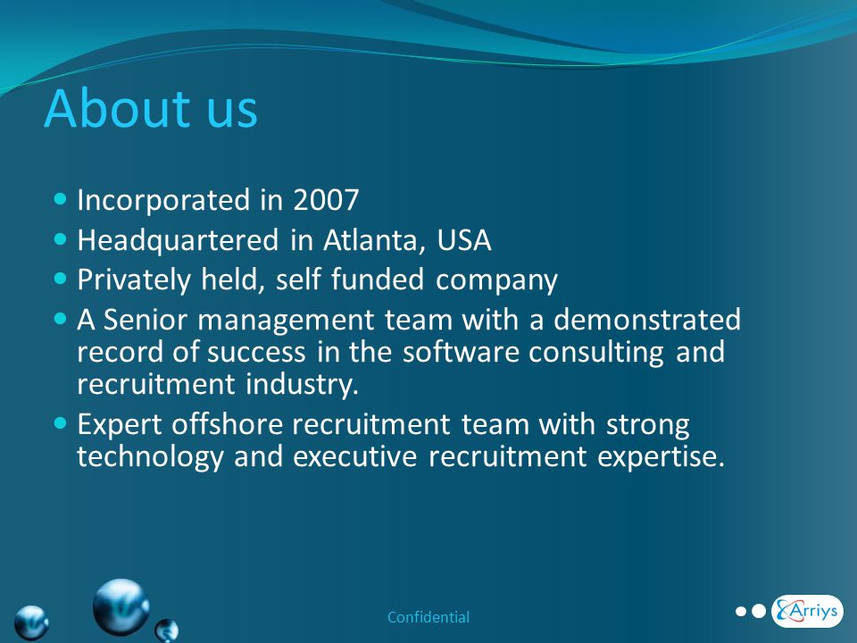 About us Incorporated in 2007 Headquartered in Atlanta, USA Privately held, self funded company A Senior management team with a demonstrated record of success in the software consulting and recruitment industry.