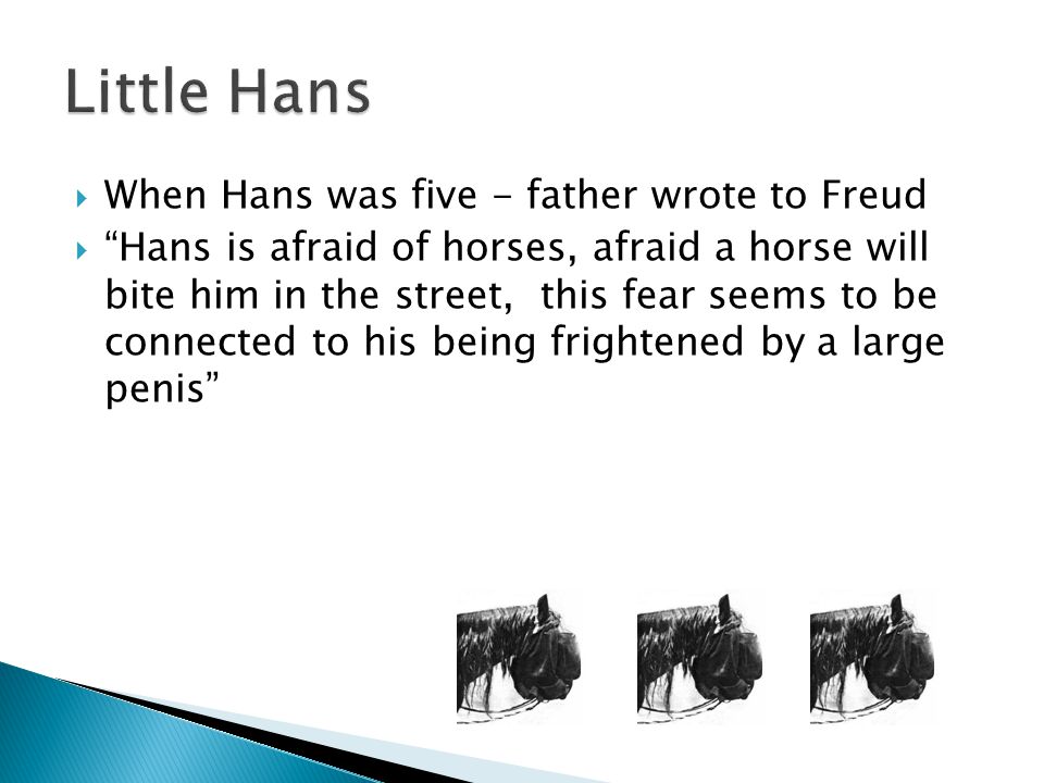  When Hans was five - father wrote to Freud  Hans is afraid of horses, afraid a horse will bite him in the street, this fear seems to be connected to his being frightened by a large penis