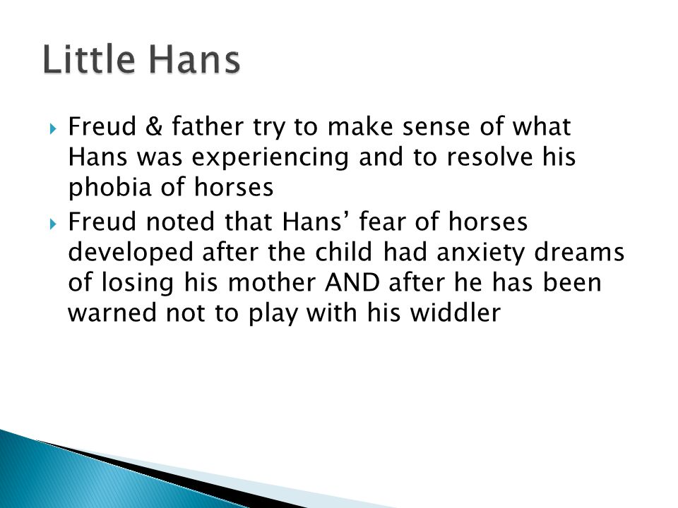  Freud & father try to make sense of what Hans was experiencing and to resolve his phobia of horses  Freud noted that Hans’ fear of horses developed after the child had anxiety dreams of losing his mother AND after he has been warned not to play with his widdler