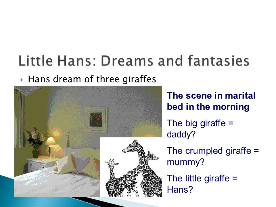  Hans dream of three giraffes The scene in marital bed in the morning The big giraffe = daddy.
