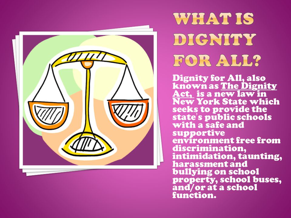 Dignity for All, also known as The Dignity Act, is a new law in New York State which seeks to provide the state’s public schools with a safe and supportive environment free from discrimination, intimidation, taunting, harassment and bullying on school property, school buses, and/or at a school function.