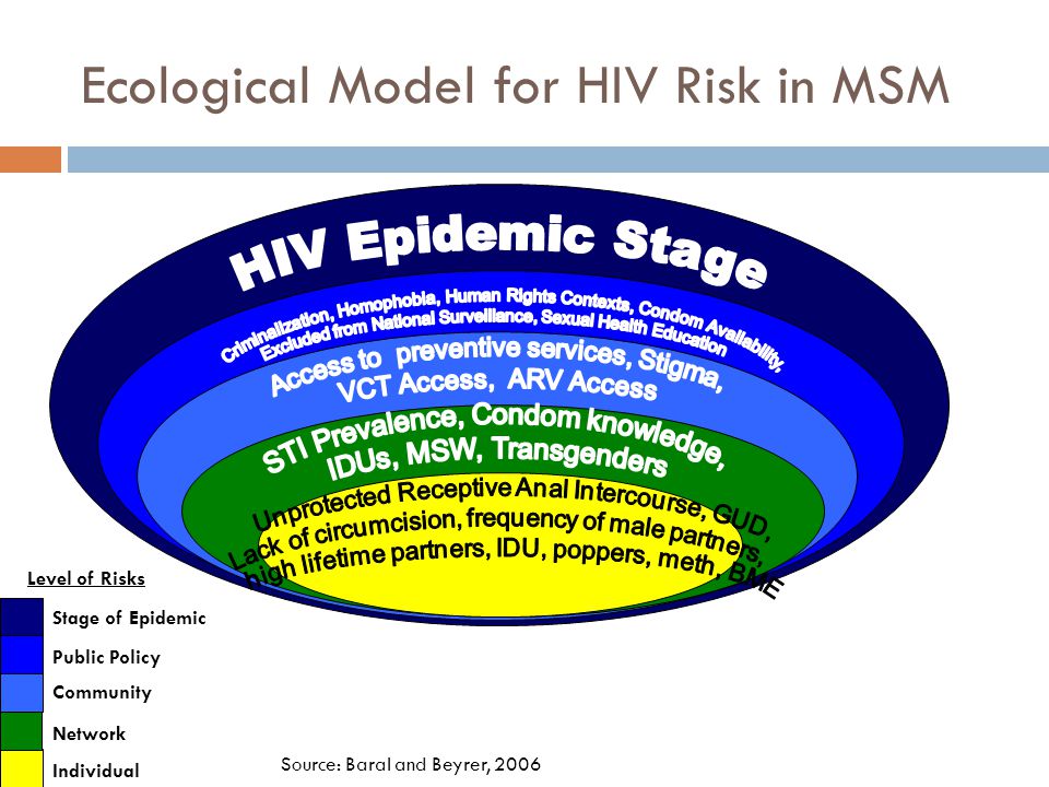 Ecological Model for HIV Risk in MSM Stage of Epidemic Individual Community Public Policy Network Level of Risks Source: Baral and Beyrer, 2006