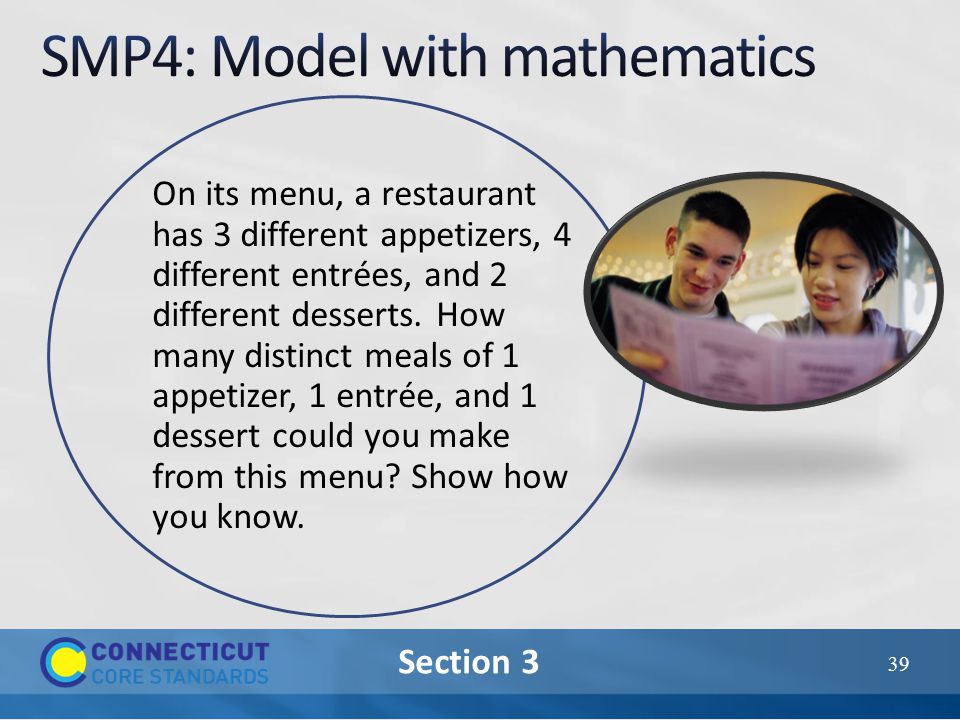Section 3 On its menu, a restaurant has 3 different appetizers, 4 different entrées, and 2 different desserts.