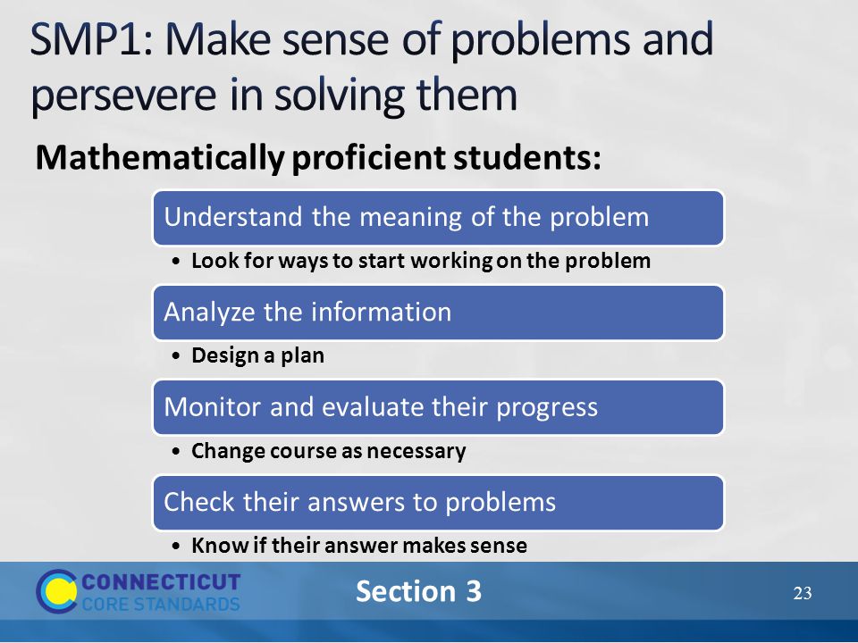 Section 3 Mathematically proficient students: 23 Understand the meaning of the problem Look for ways to start working on the problem Analyze the information Design a plan Monitor and evaluate their progress Change course as necessary Check their answers to problems Know if their answer makes sense