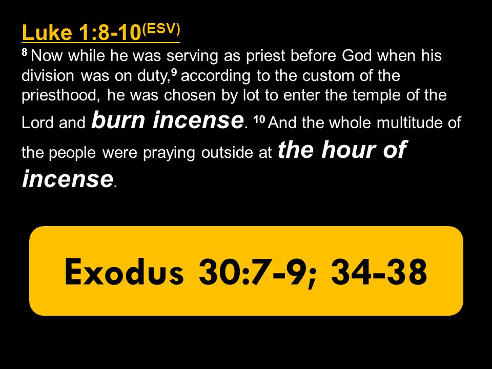 Luke 1:8-10 (ESV) 8 Now while he was serving as priest before God when his division was on duty, 9 according to the custom of the priesthood, he was chosen by lot to enter the temple of the Lord and burn incense.