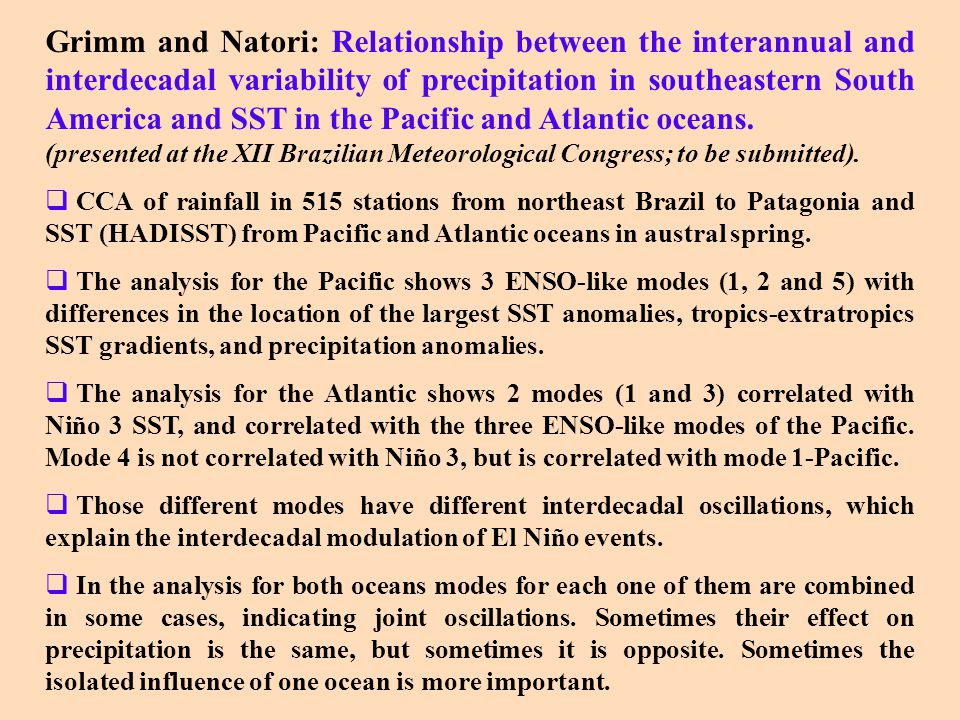 Grimm and Natori: Relationship between the interannual and interdecadal variability of precipitation in southeastern South America and SST in the Pacific and Atlantic oceans.