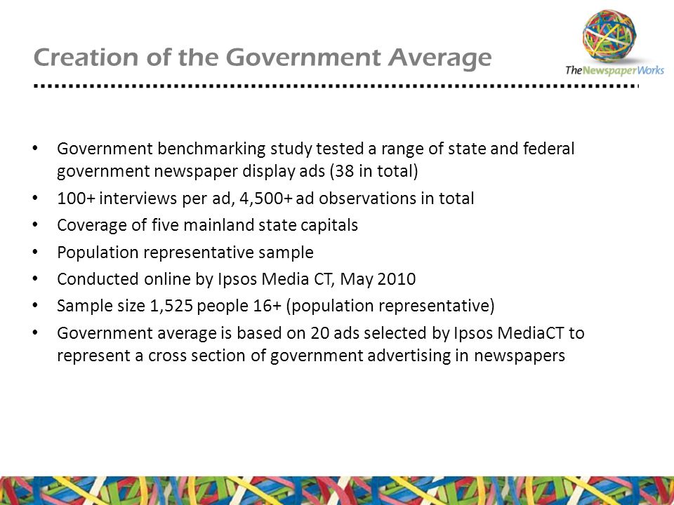 Creation of the Government Average Government benchmarking study tested a range of state and federal government newspaper display ads (38 in total) 100+ interviews per ad, 4,500+ ad observations in total Coverage of five mainland state capitals Population representative sample Conducted online by Ipsos Media CT, May 2010 Sample size 1,525 people 16+ (population representative) Government average is based on 20 ads selected by Ipsos MediaCT to represent a cross section of government advertising in newspapers