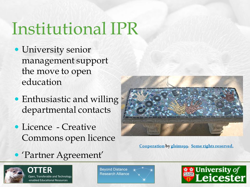 Institutional IPR University senior management support the move to open education Enthusiastic and willing departmental contacts Licence - Creative Commons open licence ‘Partner Agreement’ CooperationCooperation by glsims99.