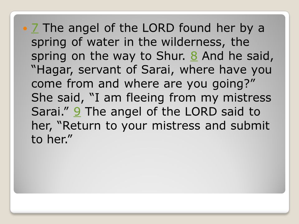 7 The angel of the LORD found her by a spring of water in the wilderness, the spring on the way to Shur.