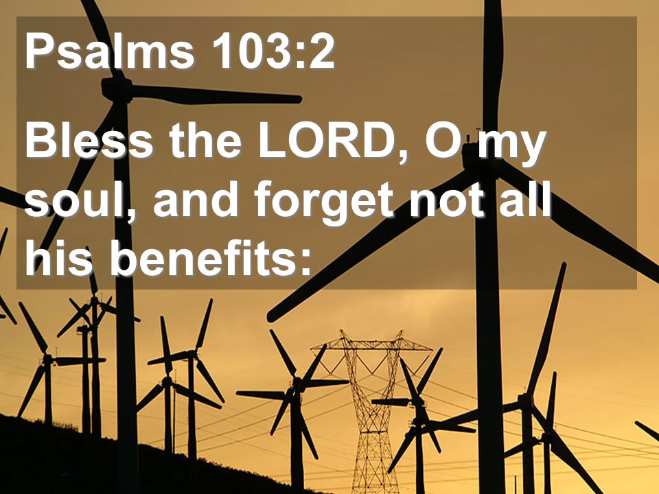 Psalms 103:2 Bless the LORD, O my soul, and forget not all his benefits: