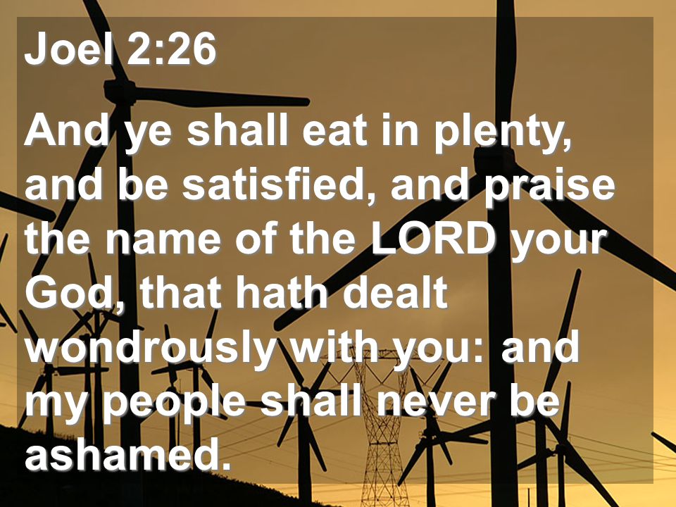 Joel 2:26 And ye shall eat in plenty, and be satisfied, and praise the name of the LORD your God, that hath dealt wondrously with you: and my people shall never be ashamed.