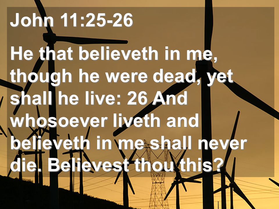 John 11:25-26 He that believeth in me, though he were dead, yet shall he live: 26 And whosoever liveth and believeth in me shall never die.