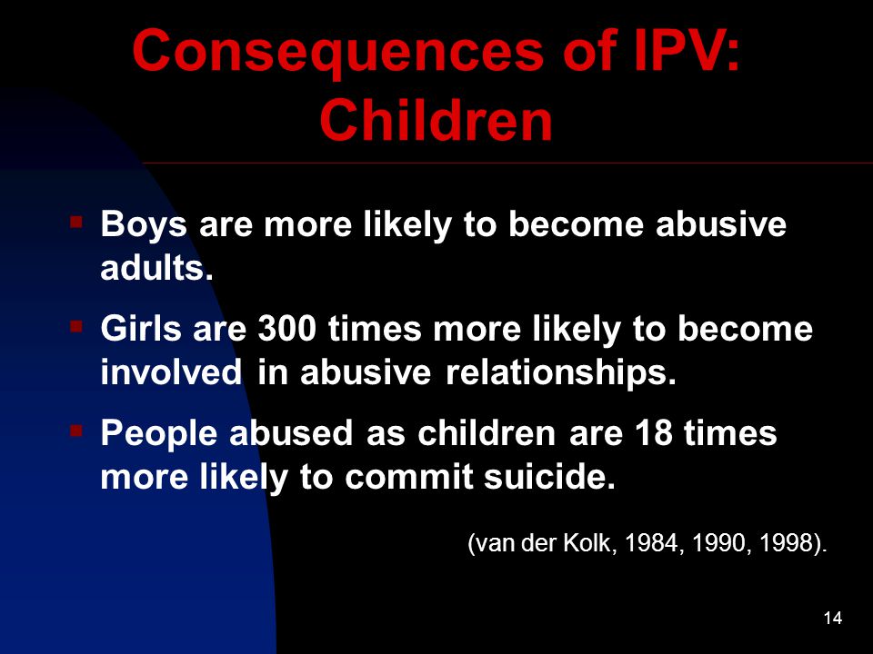 14 Consequences of IPV: Children  Boys are more likely to become abusive adults.