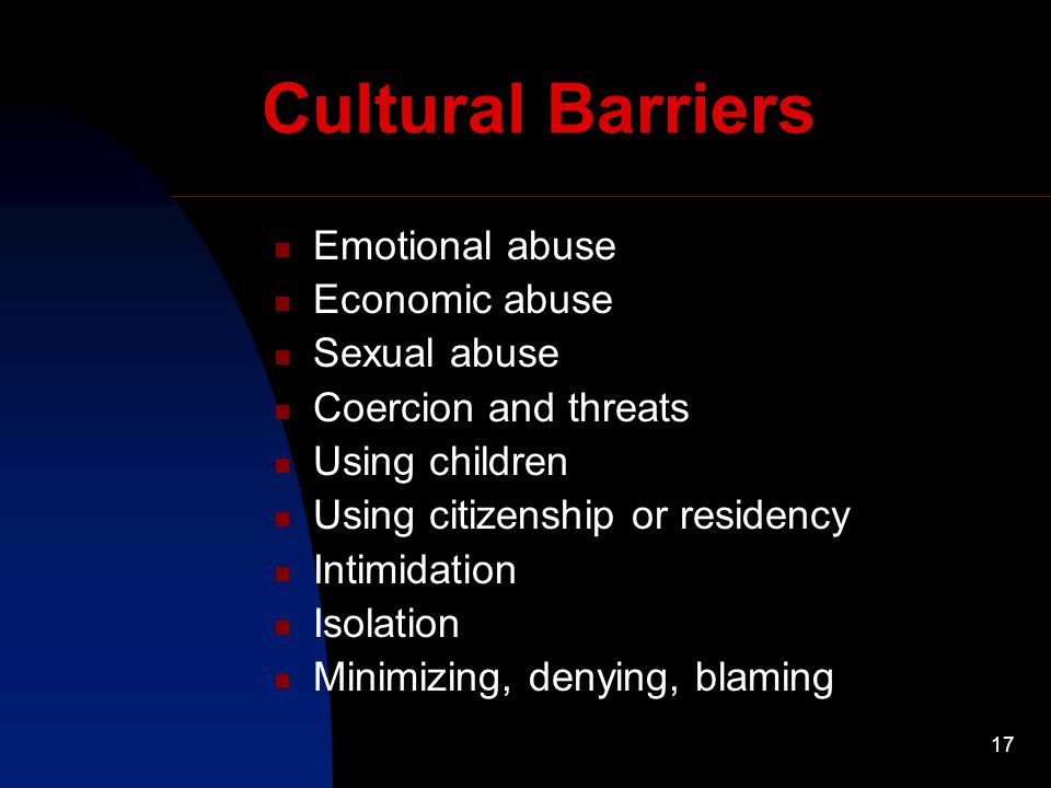 17 Cultural Barriers Emotional abuse Economic abuse Sexual abuse Coercion and threats Using children Using citizenship or residency Intimidation Isolation Minimizing, denying, blaming