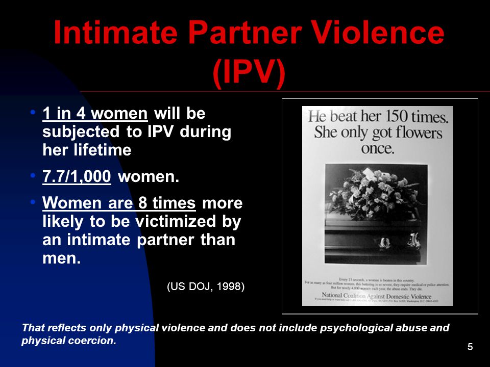 5 Intimate Partner Violence (IPV) 1 in 4 women will be subjected to IPV during her lifetime 7.7/1,000 women.