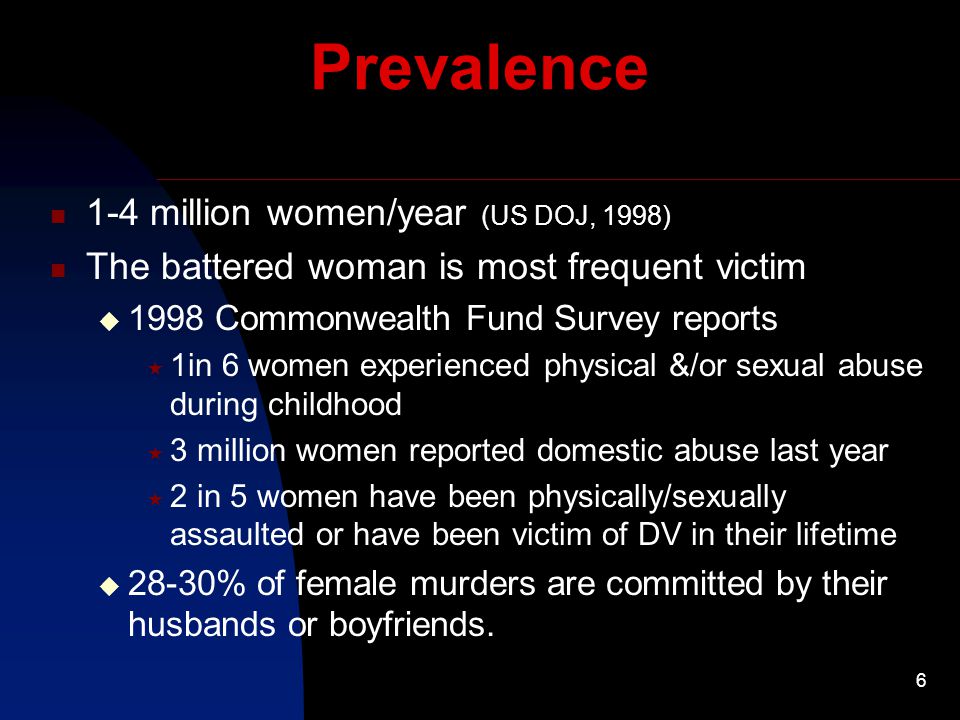 6 Prevalence 1-4 million women/year (US DOJ, 1998) The battered woman is most frequent victim  1998 Commonwealth Fund Survey reports  1in 6 women experienced physical &/or sexual abuse during childhood  3 million women reported domestic abuse last year  2 in 5 women have been physically/sexually assaulted or have been victim of DV in their lifetime  28-30% of female murders are committed by their husbands or boyfriends.