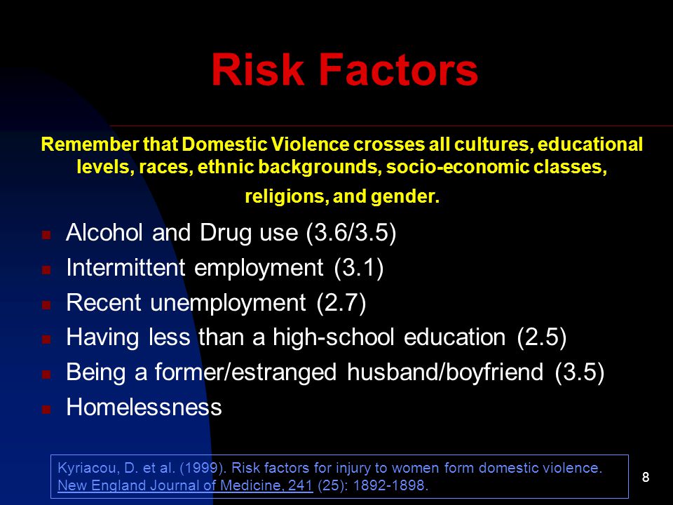 8 Risk Factors Alcohol and Drug use (3.6/3.5) Intermittent employment (3.1) Recent unemployment (2.7) Having less than a high-school education (2.5) Being a former/estranged husband/boyfriend (3.5) Homelessness Kyriacou, D.