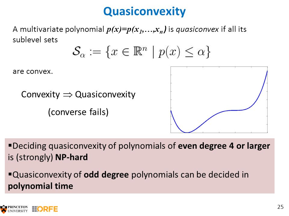 25 Quasiconvexity A multivariate polynomial p(x)=p(x 1,…,x n ) is quasiconvex if all its sublevel sets are convex.