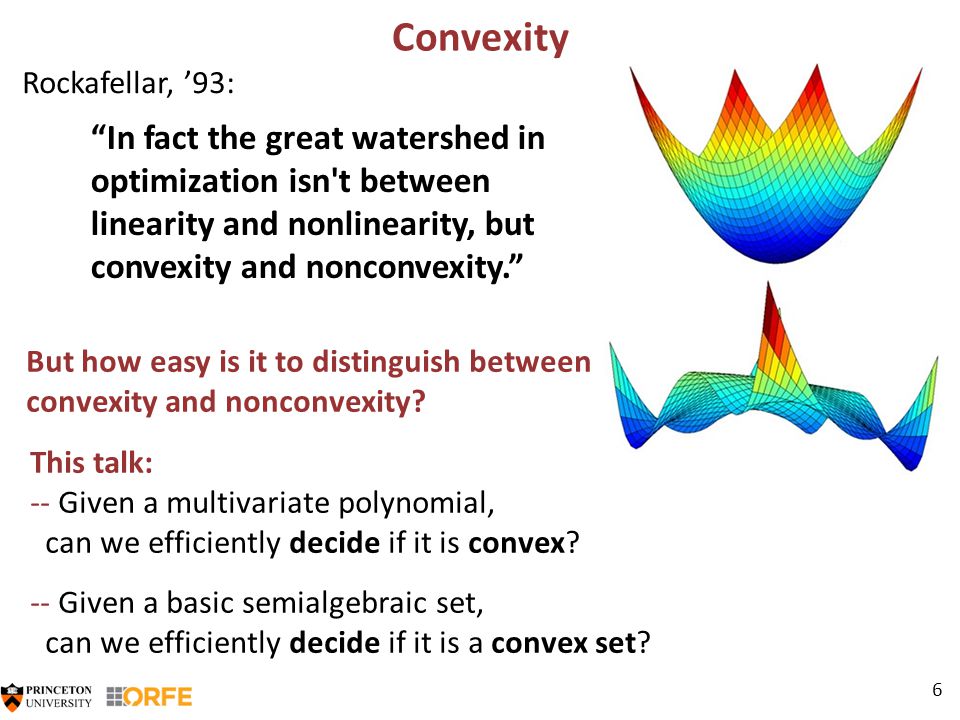6 Convexity This talk: -- Given a multivariate polynomial, can we efficiently decide if it is convex.