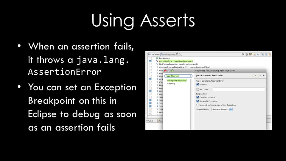Using Asserts When an assertion fails, it throws a java.lang.