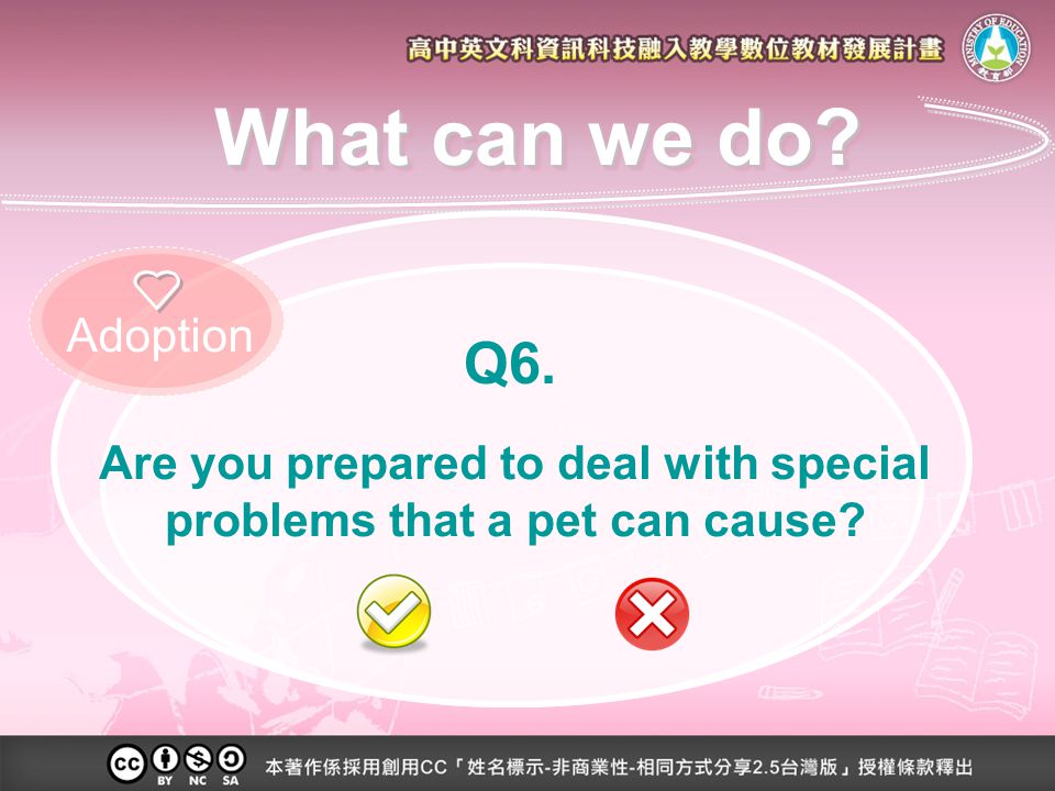 Are you prepared to deal with special problems that a pet can cause Q6. Adoption What can we do