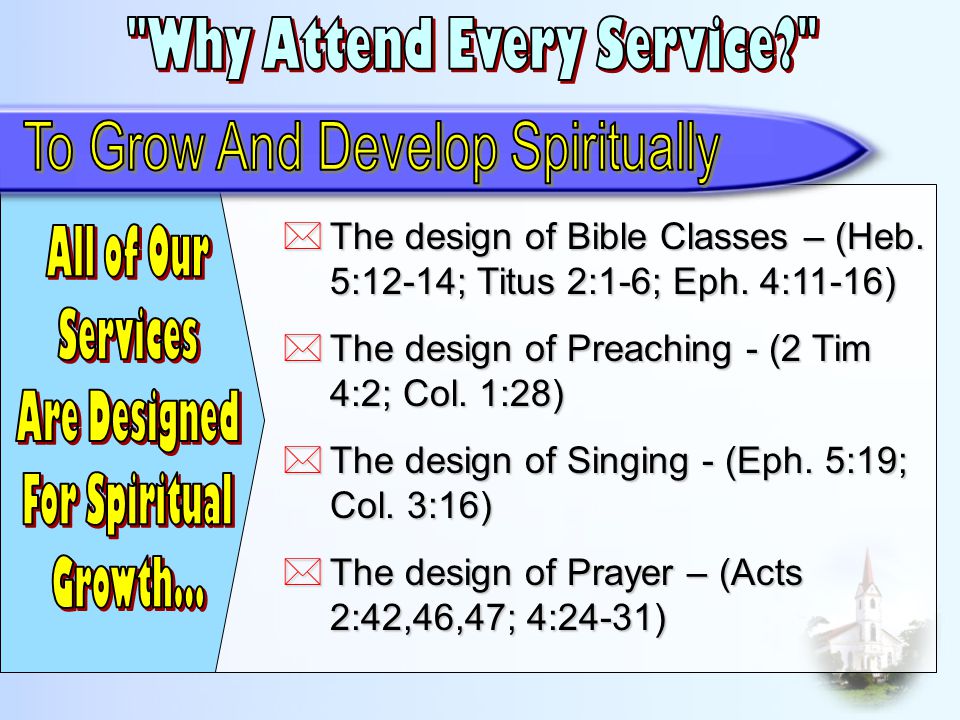  The design of Bible Classes – (Heb. 5:12-14; Titus 2:1-6; Eph.