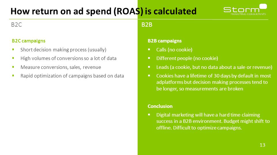 How return on ad spend (ROAS) is calculated B2C B2C campaigns  Short decision making process (usually)  High volumes of conversions so a lot of data  Measure conversions, sales, revenue  Rapid optimization of campaigns based on data 13 B2B campaigns  Calls (no cookie)  Different people (no cookie)  Leads (a cookie, but no data about a sale or revenue)  Cookies have a lifetime of 30 days by default in most adplatforms but decision making processes tend to be longer, so measurements are broken Conclusion  Digital marketing will have a hard time claiming success in a B2B environment.