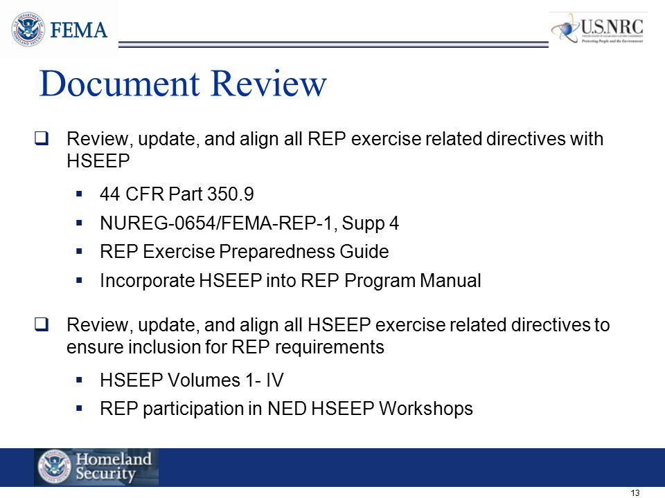 13 Document Review  Review, update, and align all REP exercise related directives with HSEEP  44 CFR Part  NUREG-0654/FEMA-REP-1, Supp 4  REP Exercise Preparedness Guide  Incorporate HSEEP into REP Program Manual  Review, update, and align all HSEEP exercise related directives to ensure inclusion for REP requirements  HSEEP Volumes 1- IV  REP participation in NED HSEEP Workshops