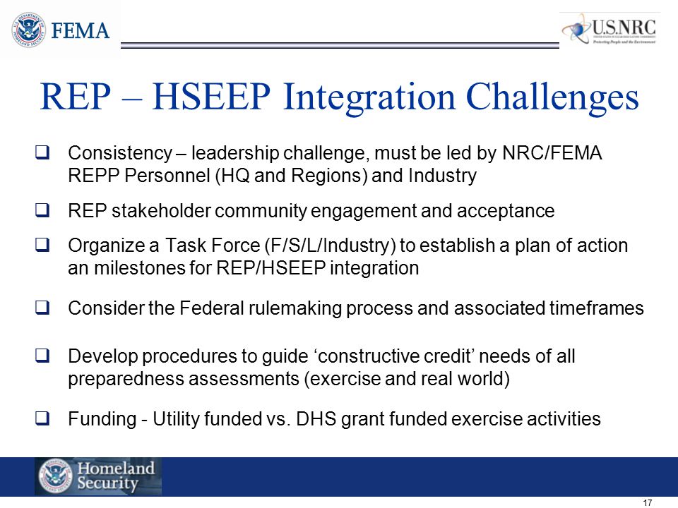17 REP – HSEEP Integration Challenges  Consistency – leadership challenge, must be led by NRC/FEMA REPP Personnel (HQ and Regions) and Industry  REP stakeholder community engagement and acceptance  Organize a Task Force (F/S/L/Industry) to establish a plan of action an milestones for REP/HSEEP integration  Consider the Federal rulemaking process and associated timeframes  Develop procedures to guide ‘constructive credit’ needs of all preparedness assessments (exercise and real world)  Funding - Utility funded vs.