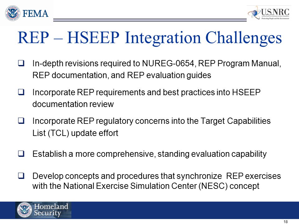 18 REP – HSEEP Integration Challenges  In-depth revisions required to NUREG-0654, REP Program Manual, REP documentation, and REP evaluation guides  Incorporate REP requirements and best practices into HSEEP documentation review  Incorporate REP regulatory concerns into the Target Capabilities List (TCL) update effort  Establish a more comprehensive, standing evaluation capability  Develop concepts and procedures that synchronize REP exercises with the National Exercise Simulation Center (NESC) concept