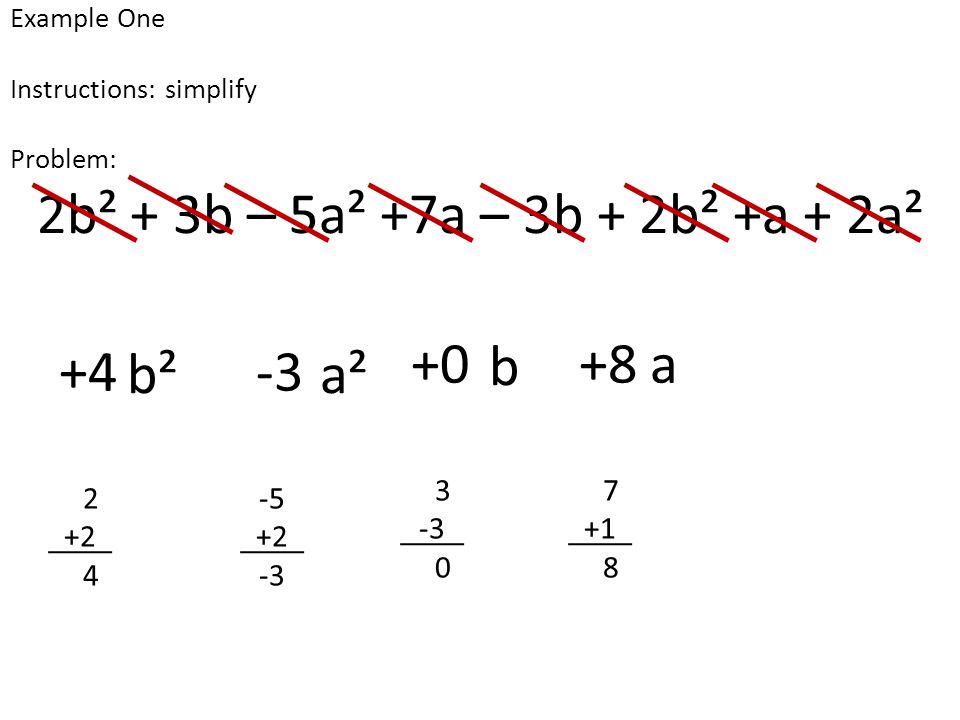 Example One Instructions: simplify Problem: 2b² + 3b – 5a² +7a – 3b + 2b² +a + 2a² b² a² b a