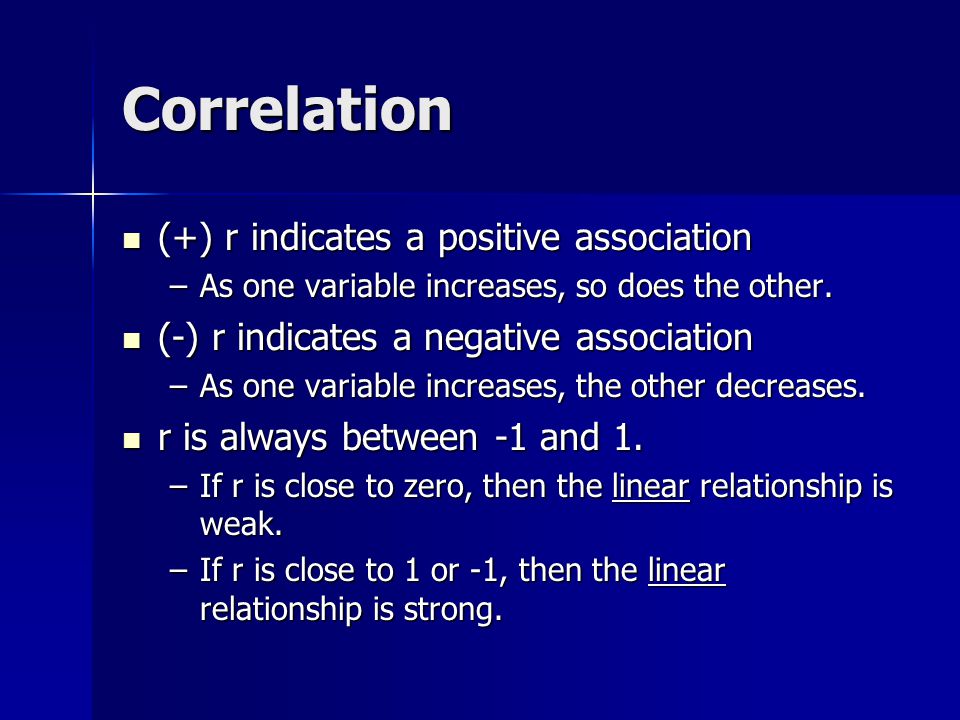 Correlation (+) r indicates a positive association (+) r indicates a positive association –As one variable increases, so does the other.
