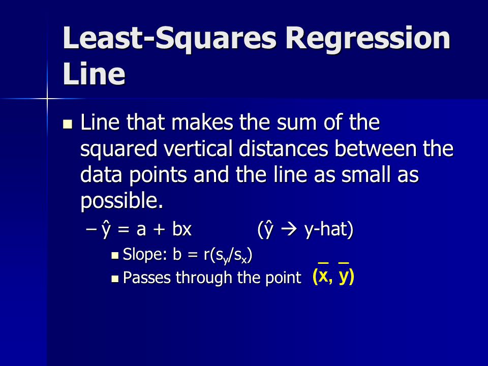 Least-Squares Regression Line Line that makes the sum of the squared vertical distances between the data points and the line as small as possible.