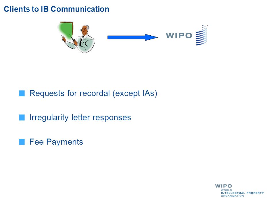 Clients to IB Communication Requests for recordal (except IAs) Irregularity letter responses Fee Payments