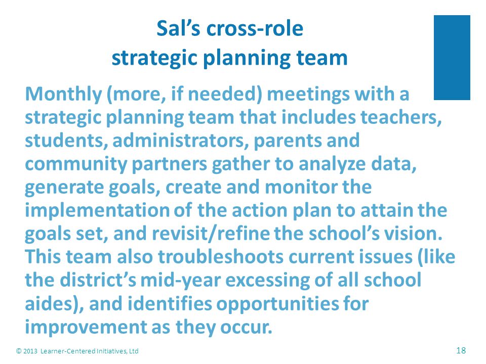 Sal’s cross-role strategic planning team Monthly (more, if needed) meetings with a strategic planning team that includes teachers, students, administrators, parents and community partners gather to analyze data, generate goals, create and monitor the implementation of the action plan to attain the goals set, and revisit/refine the school’s vision.