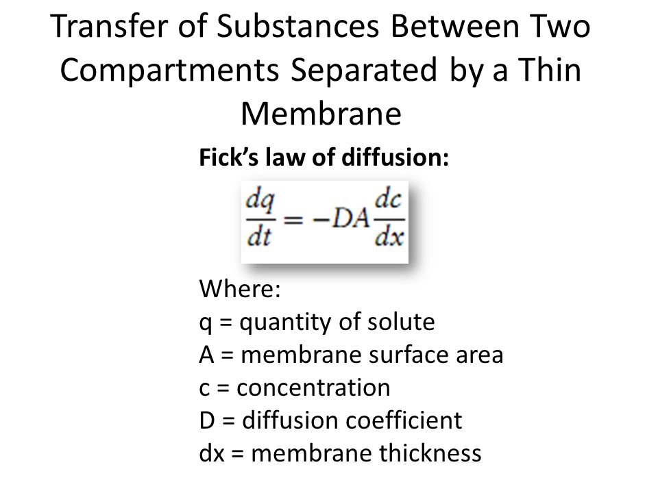 Fick’s law of diffusion: Where: q = quantity of solute A = membrane surface area c = concentration D = diffusion coefficient dx = membrane thickness Transfer of Substances Between Two Compartments Separated by a Thin Membrane