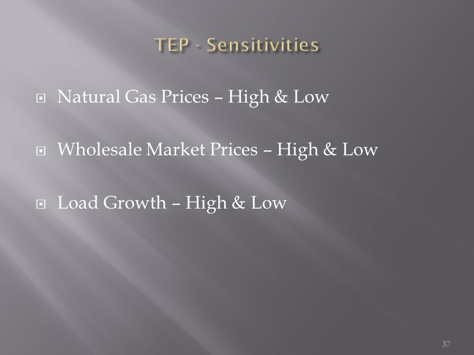  Natural Gas Prices – High & Low  Wholesale Market Prices – High & Low  Load Growth – High & Low 37