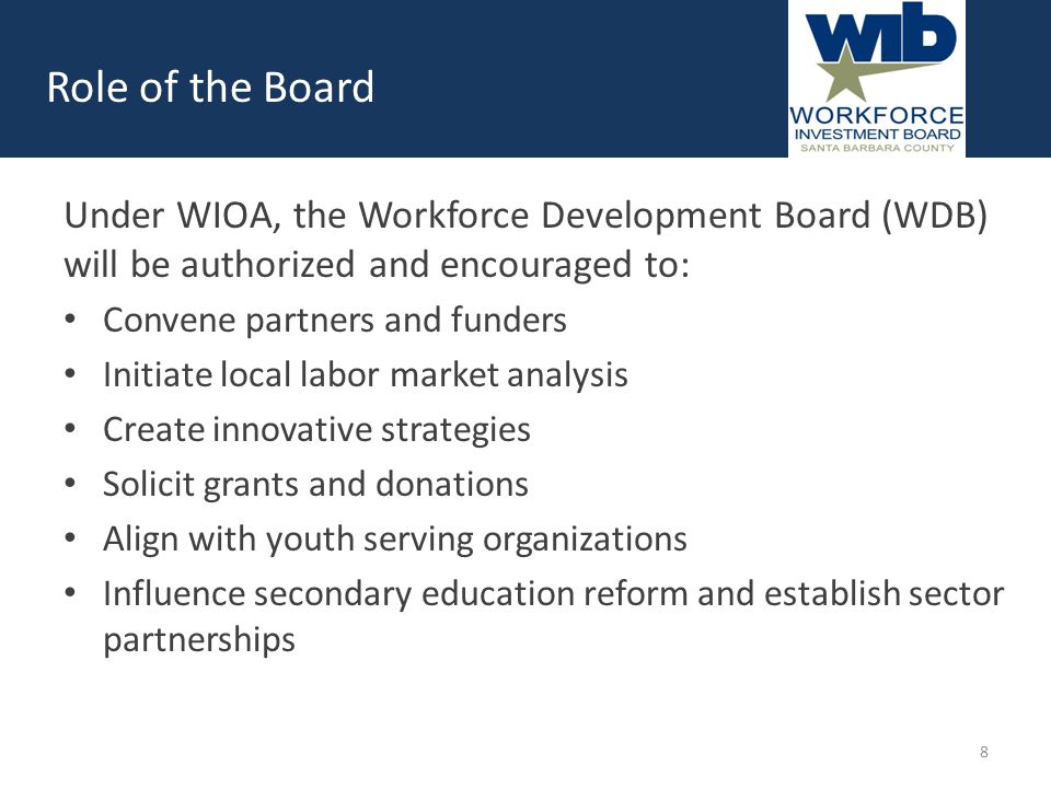 Under WIOA, the Workforce Development Board (WDB) will be authorized and encouraged to: Convene partners and funders Initiate local labor market analysis Create innovative strategies Solicit grants and donations Align with youth serving organizations Influence secondary education reform and establish sector partnerships Role of the Board 8
